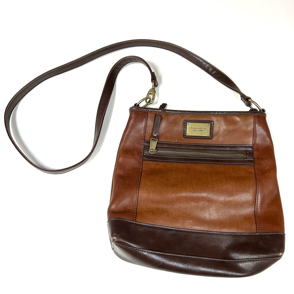 Tignanello Women’s Crossbody Bag Brown Leather Multi Pockets #4000
